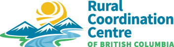 Rural Coordination Centre of BC logo; stylized graphic of mountain background, river in the foreground, and a setting sun. 